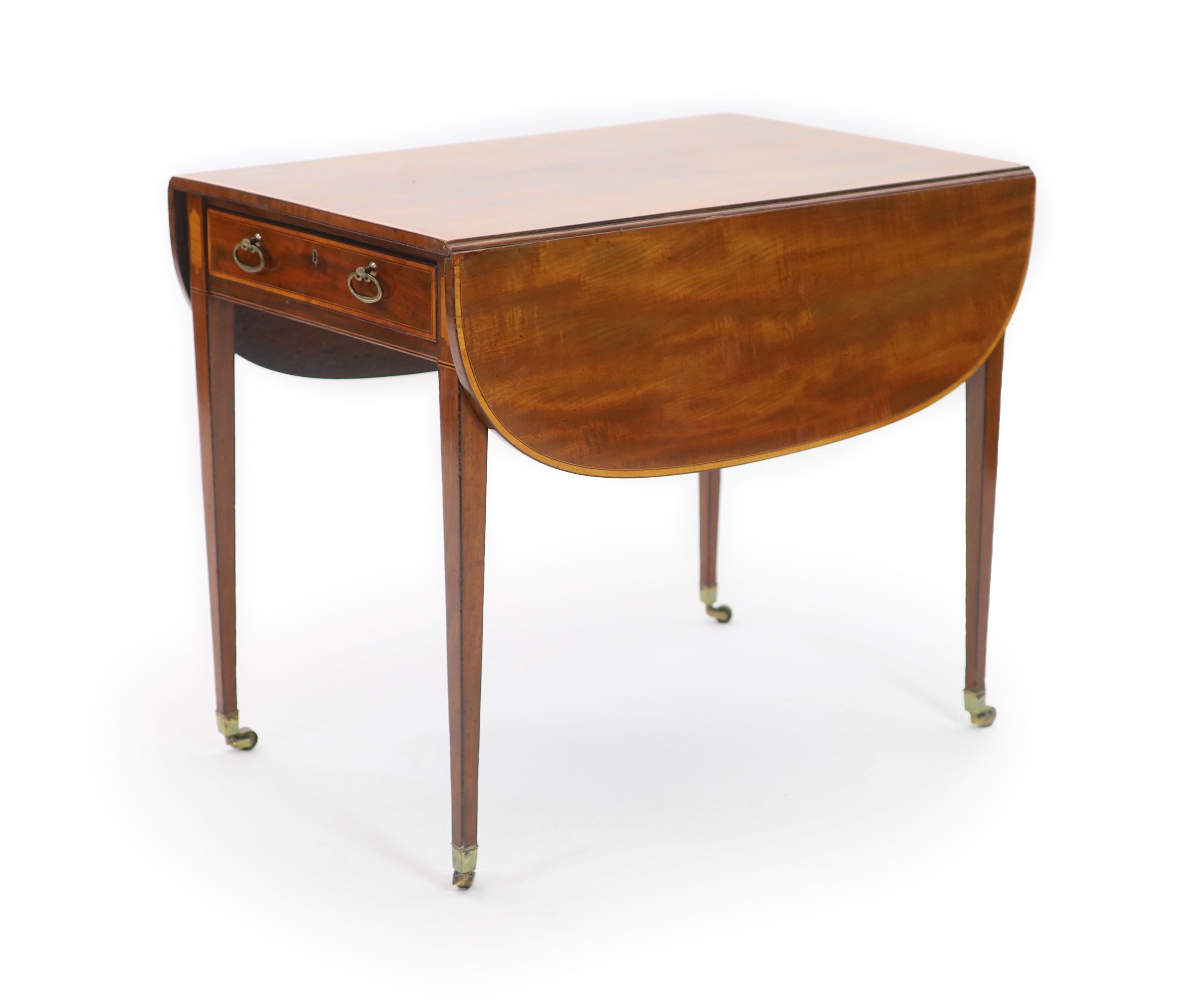 A George III satinwood banded mahogany Pembroke / games table, in the manner of Gillows of Lancaster, W.84cm D.56cm H.71cm